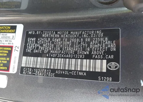 2010 Toyota Camry Le z USA, uszkodzony, nr VIN 4T4BF3EK4AR013283